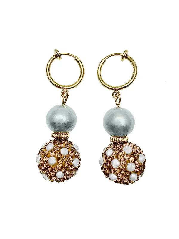 Drop Earrings for Beach Outfit -Gray Freshwater Pearls With Rhinestones Bordered Pearls Classic Clip On Earrings FE020