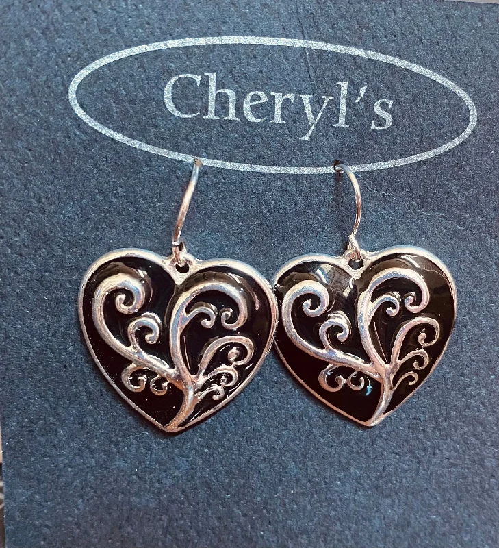 Drop Earrings for Office Wear -Heart Hook Earrings black with silver scroll design