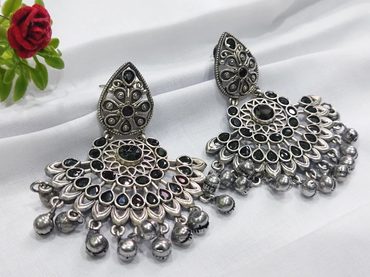 Drop Earrings with Vine Designs -High End Oxidized Brass Earrings With Beads And Stones