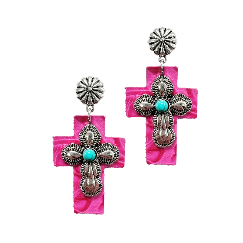 Drop Earrings for Birthday Celebration -Silver Cross Earrings with Pink Leather Backing