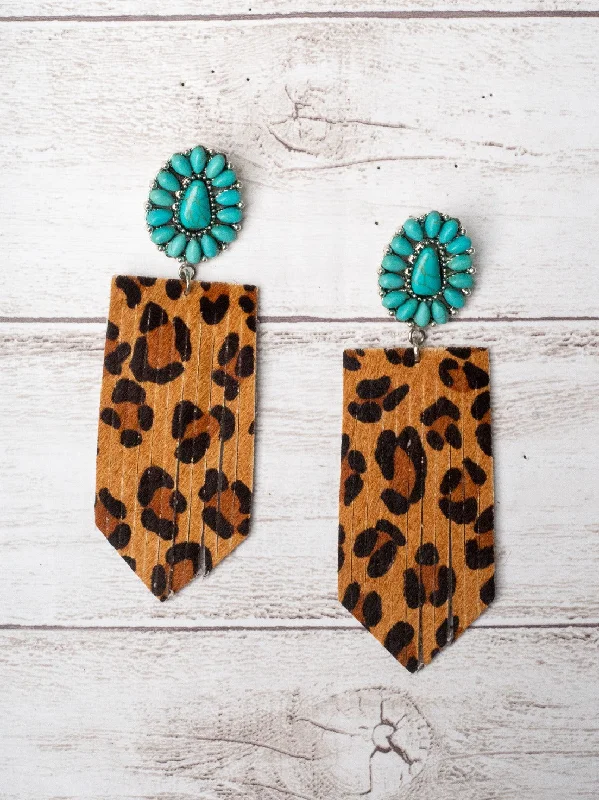 Drop Earrings for Travel Look -I'LL BE YOUR RANCH HAND TURQUOISE FLORAL CONCHO WITH BROWN LEOPARD FRINGE EARRINGS