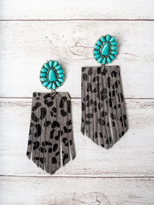 Drop Earrings for Wellness Routine -I'LL BE YOUR RANCH HAND TURQUOISE FLORAL CONCHO WITH GREY LEOPARD FRINGE EARRINGS