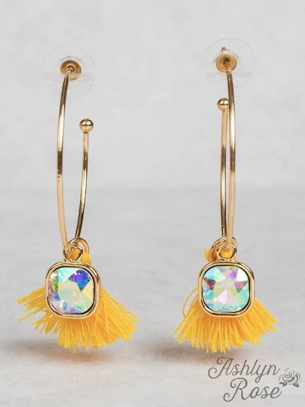 Crystal Drop Earrings for Sparkle -In the Loop Hoop Earrings with Mini Tassels, Yellow