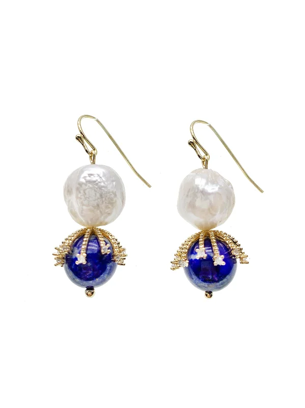 Crystal and Pearl Drop Earrings for Glamour -Irregular Freshwater Pearls With Lapis Dangle Earrings HE003