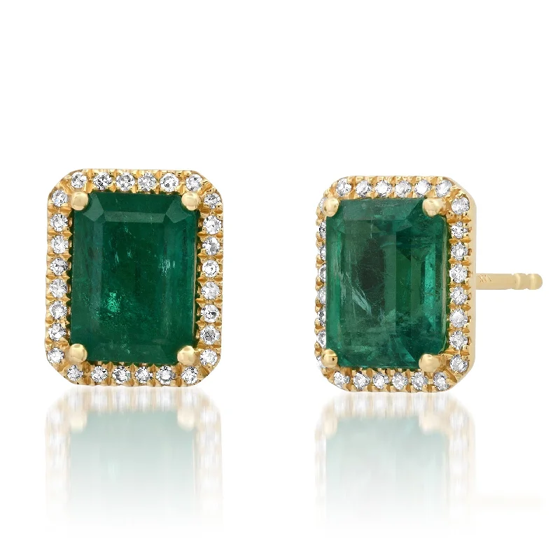 Drop Earrings for Shopping Trip -Jumbo Emerald Cut Emerald Stud Earrings with Diamond Frame