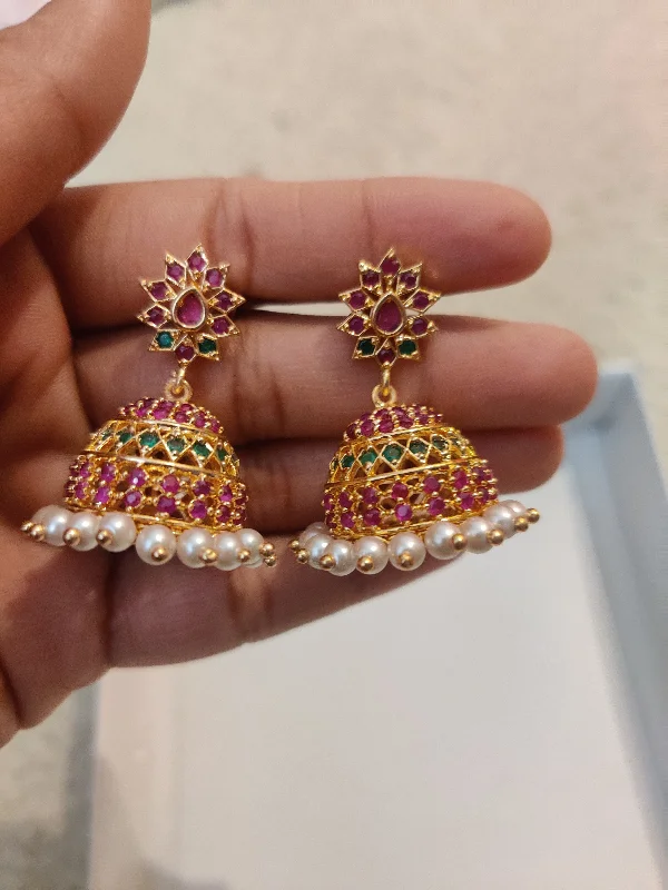 Drop Earrings with Polished Shine -Charming jumka drop Green With Pink Stone Earrings Gold Plated