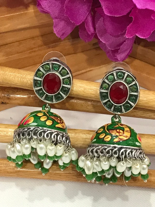 Drop Earrings for Casual Outfit -Elegant Green And Red Color Hand Painted Peacock Designed Oxidized Jhumka Earrings With Pearl Beads