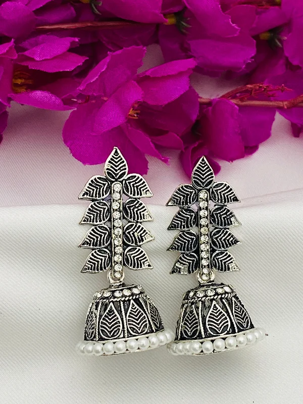 Celtic Drop Earrings with Knotwork -Traditional Leaf Designed German Silver Plated Oxidized Earrings With Pearl Beads