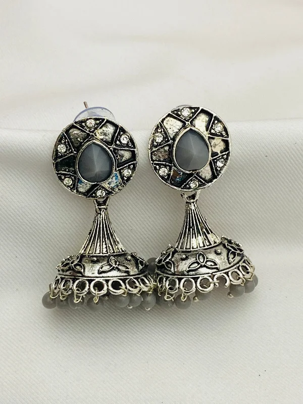 Maximalist Drop Earrings for Bling -Traditional Bollywood Style Silver Oxidized Ethnic Jhumka Earrings With Pearl Beads