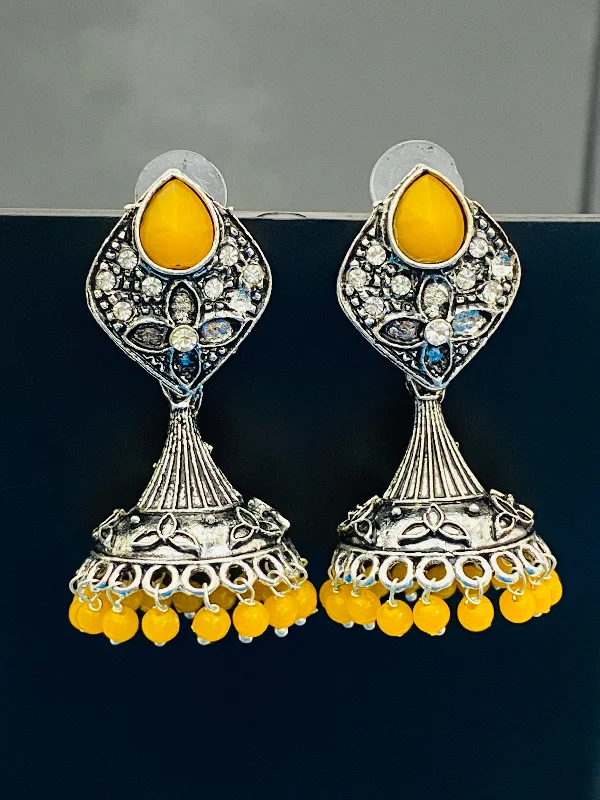 Vintage Drop Earrings with Patina -Elegant Yellow Color Stone Beaded Flower Designer Silver Toned Oxidized Jhumka Earrings With Beads