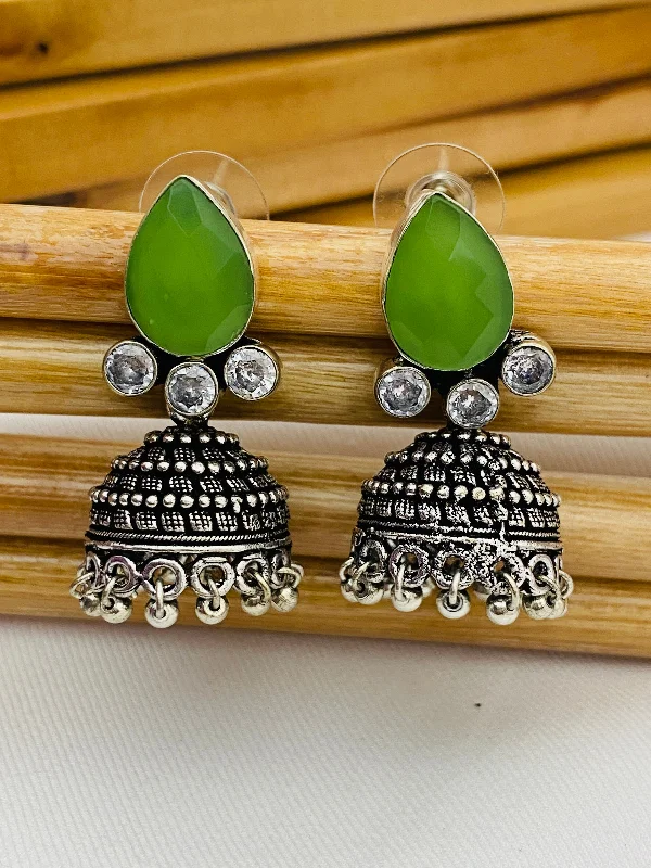 Drop Earrings with Leaf Motifs -Lovely Green AD Stone Beaded Silver Toned Designer Jhumka Earrings With Black Pearl Drops