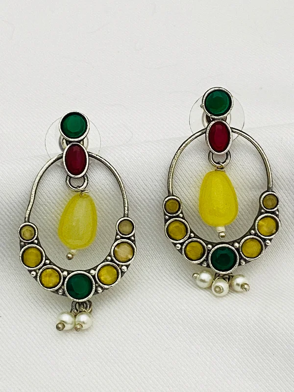 Magnetic Closure Drop Earrings for Easy -Gorgeous Oval Shaped German Silver Plated Oxidized Yellow Drops Earrings With Pearl Beads