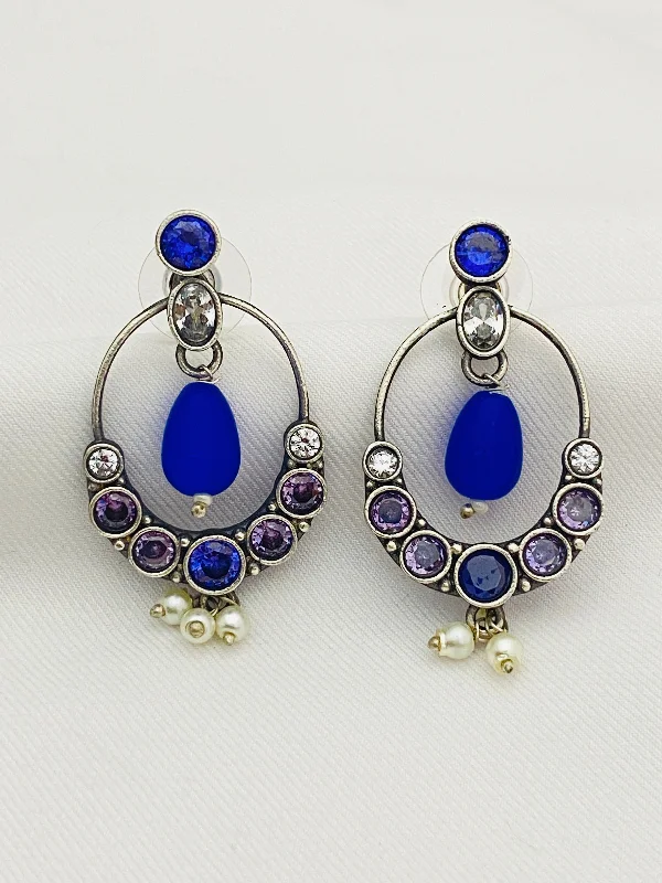 Lightweight Drop Earrings for All Day -Lovely Blue Stone Beaded Oval Shaped Silver Toned Oxidized Earrings With Pearl Drops