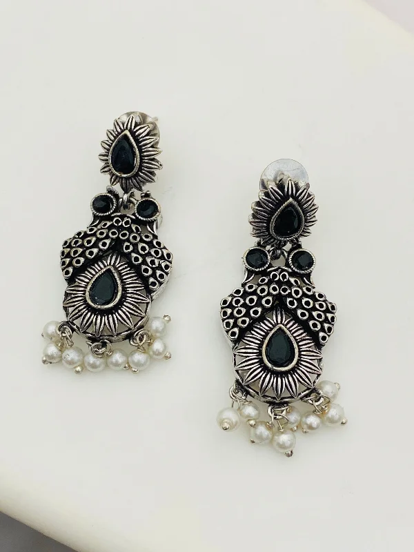 Drop Earrings with Keyhole Designs -Trendy Black Stone Studded Moti Earring With Silver Toned Oxidized Plating For Women