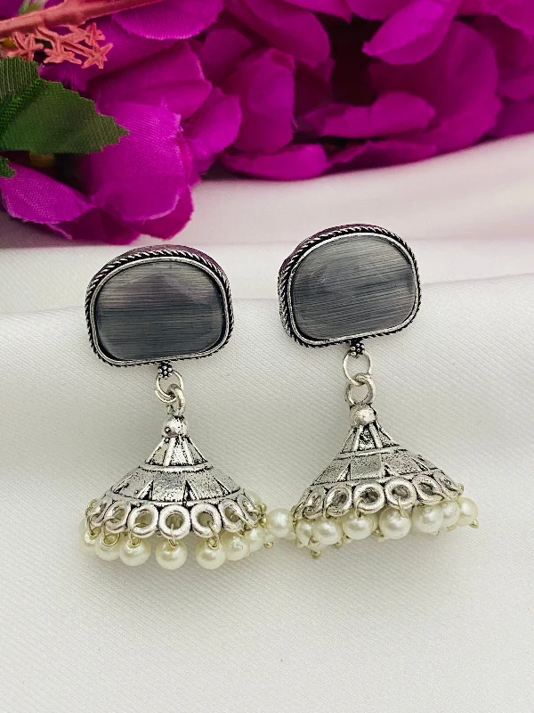 Drop Earrings for Valentine's Day -Lovely Grey Color Stone Studded German Silver Plated Oxidized Jhumka Earrings With Pearl Drops