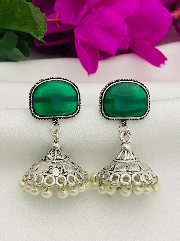 Drop Earrings for Engagement Party -Traditional Emerald Stone Beaded German Silver Plated Oxidized Jhumka Earrings With Pearl Beads