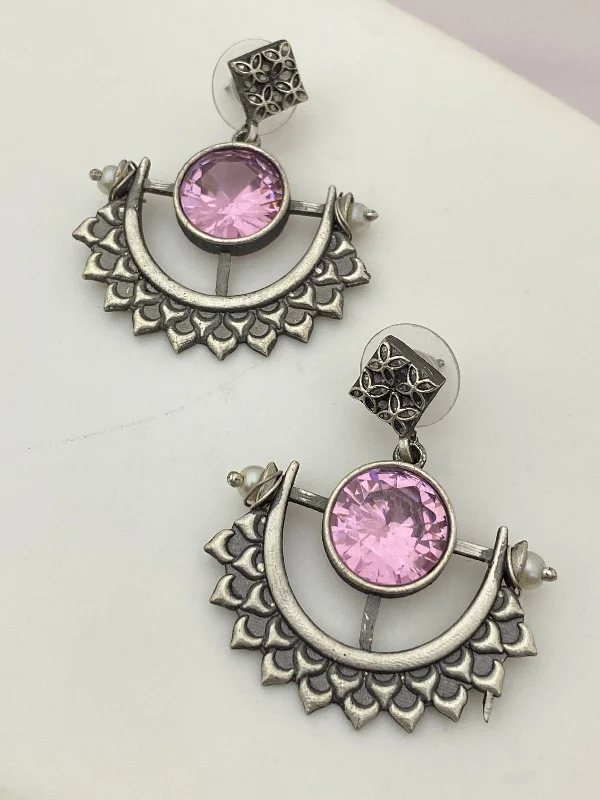 Rhinestone Drop Earrings for Sparkle -Gorgeous Oxidized With Pink Color Stoned Earring For Women