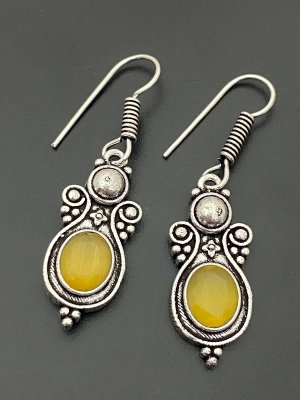 Geometric Drop Earrings for Trend -Elegent Silver Oxidized Earring With Yellow Stone