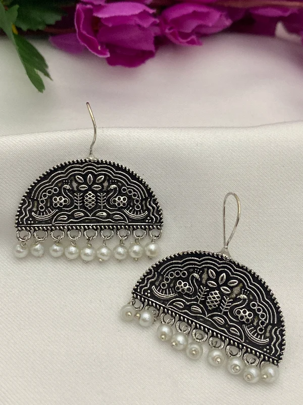 Maximalist Drop Earrings for Bling -Stunning Oxidized Earrings With White Beads Hangings