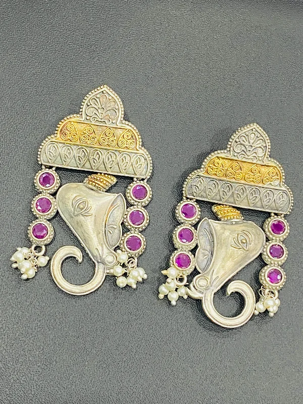 Drop Earrings with Textured Surface -Classic Silver Plated Stone Beaded Ganesh Designed Earrings With Two Tone Plating For Women