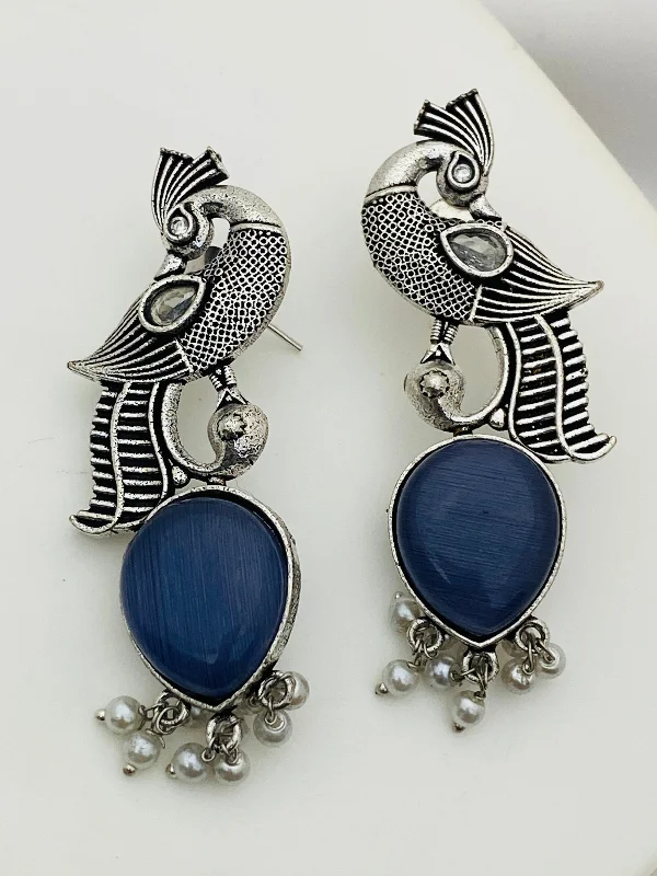 Hypoallergenic Drop Earrings for Sensitive -Elegant Blue Stoned Peacock Design Silver Toned Oxidized Earrings With Pearl Beads