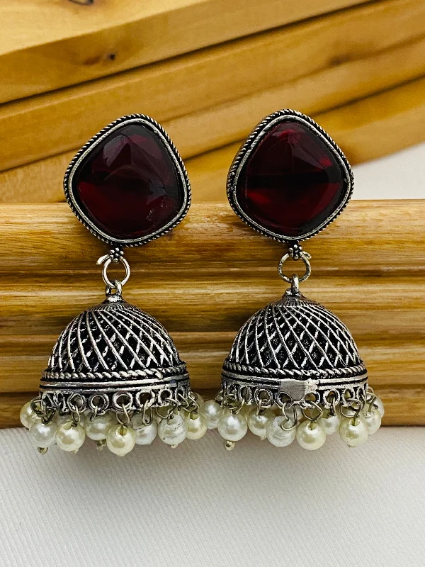 African Drop Earrings with Culture -Charming Maroon Stone Beaded Designer German Silver Plated Oxidized Jhumkas With Pearl Hangings