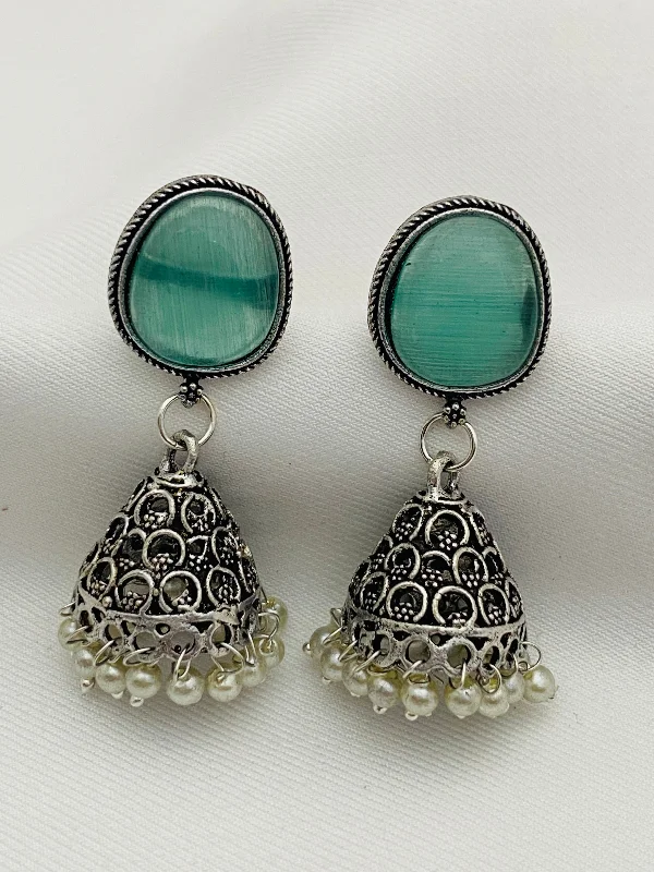 Gothic Drop Earrings with Dark Tone -Unique Teal Blue Stone Studded Dome Shaped Silver Plated Oxidized Jhumka Earrings With Pearl Drops