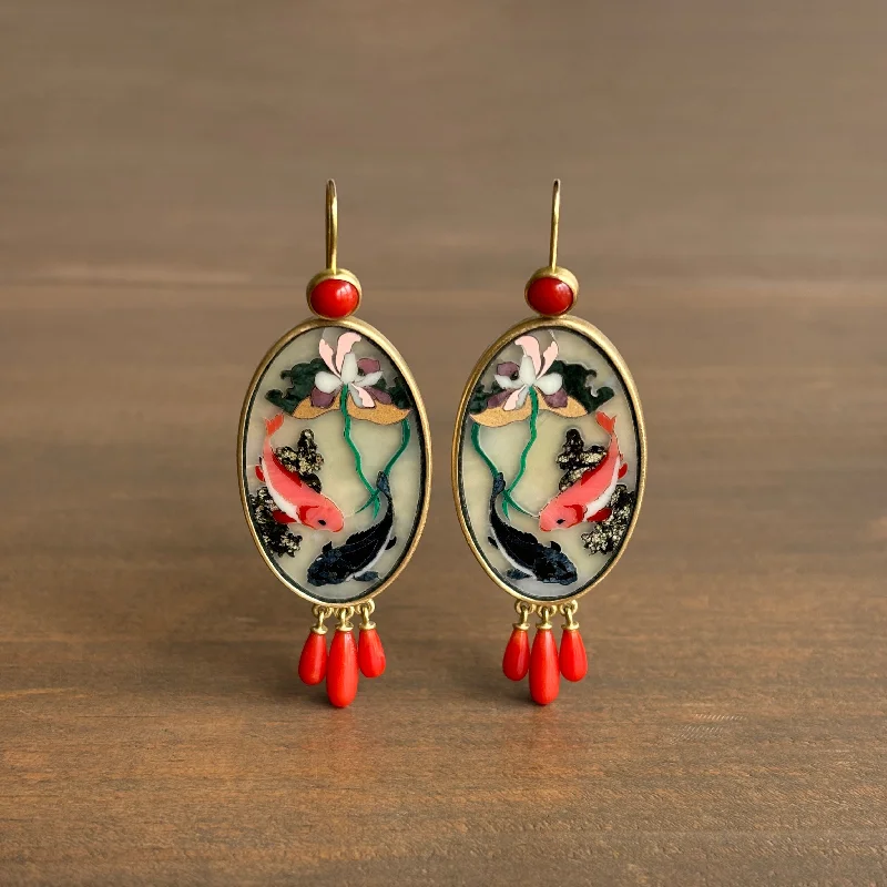 Oval Drop Earrings for Grace -Koi Intarsia Earrings with Coral Accents