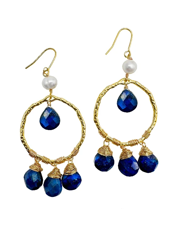 Drop Earrings with Star Motifs -Bohemian Style Lapis with Freshwater Pearls Dangle Earrings KE010