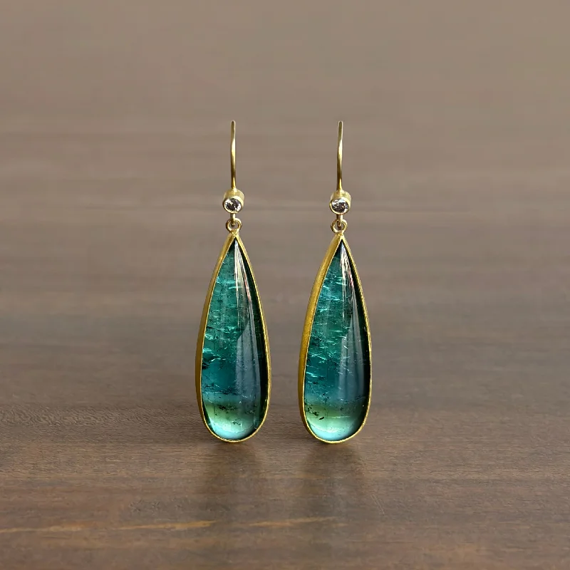 Drop Earrings with Animal Motifs -Large Blue/Green Tourmaline Earrings with Diamond Tops