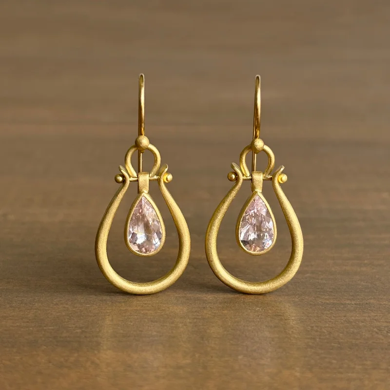 Gothic Drop Earrings with Dark Tone -Large Gold Lyre Earrings with Morganite Pears