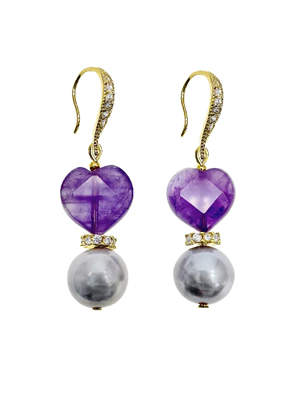 Lightweight Drop Earrings for All Day -Heart Shaped Amethyst With Gray Freshwater Pearl Earrings LE010