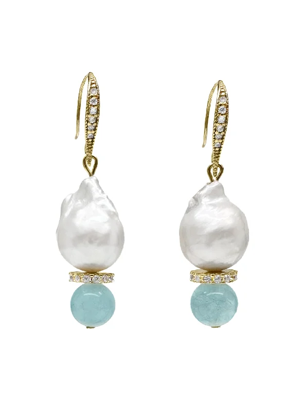 Drop Earrings for Mother's Day -Natural Baroque Pearls with Blue Aquamarine Earrings LE019