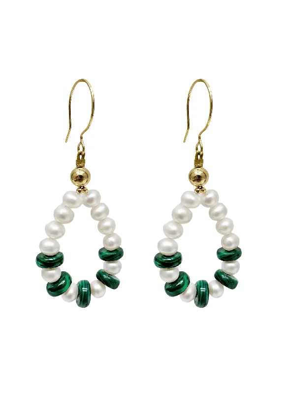 Drop Earrings with Polished Shine -Handcrafted Teardrop Freshwater Pearls With Malachite Earrings LE028