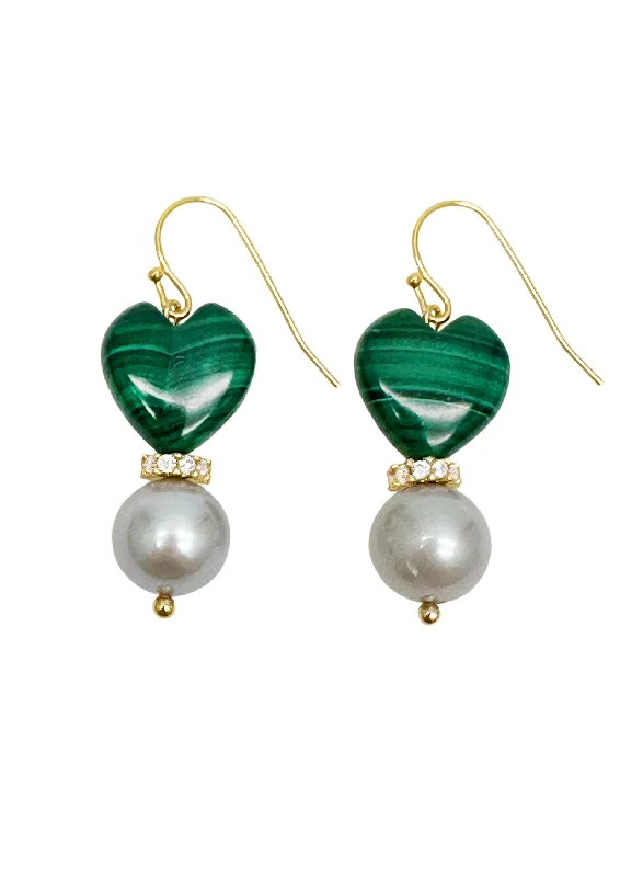 Drop Earrings with Etched Designs -Heart Malachite with Gray Freshwater Pearls Dangle Earrings LE031