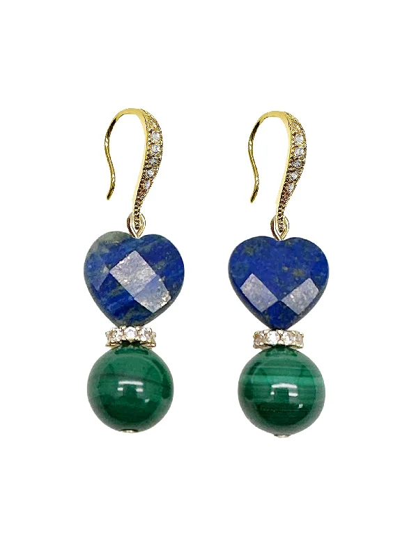 Drop Earrings with Enamel Coating -Heart-Shaped Lapis with Round Malachite Earrings LE032