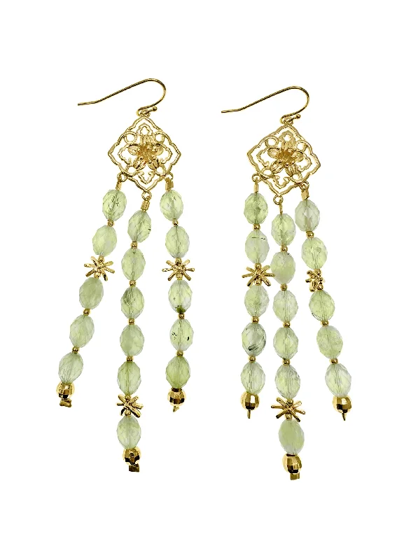 Drop Earrings with Filigree Work -Bohemian Flower Frame with Prehnite Beaded Tassel Earrings LE033