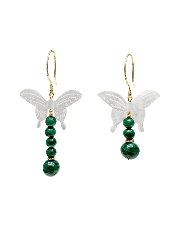 Gemstone and Diamond Drop Earrings for Opulence -Butterfly-Shaped Shell with Malachite Statement Earrings LE034