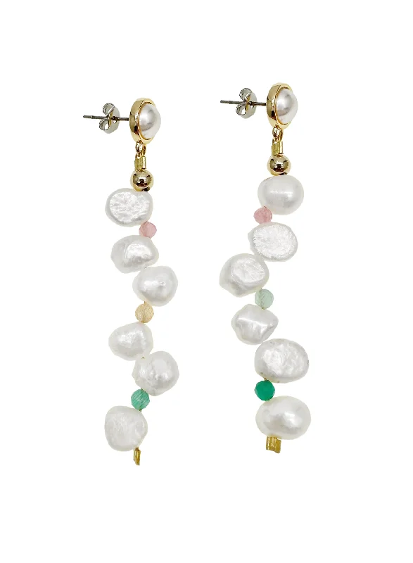 Beaded Drop Earrings for Party -Flower Petal Freshwater Pearls With Colorful Stones Earrings LE035