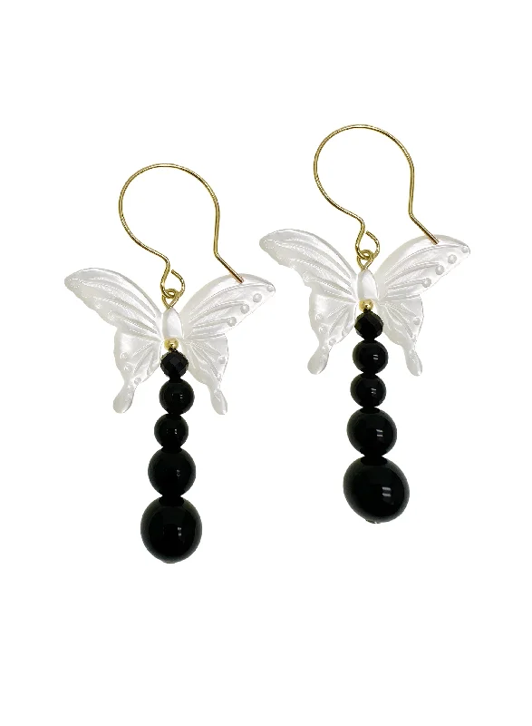 Screw Back Drop Earrings for Security -Butterfly Shell with Black Obsidian Statement Earrings LE042