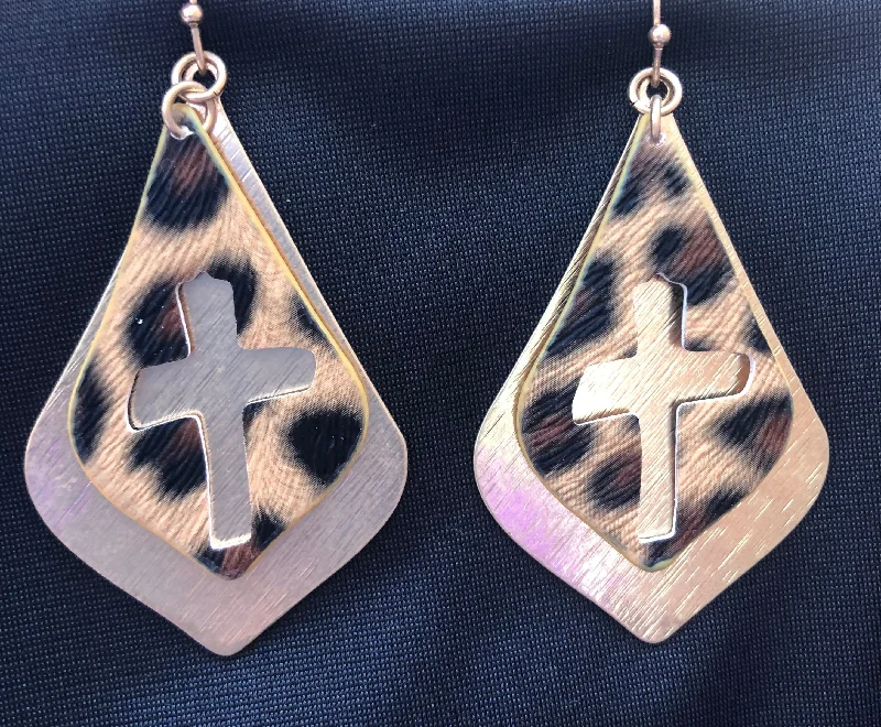 Drop Earrings for Casual Outfit -Leopard Leather cut out Cross with Gold Metal Disc Earrings.