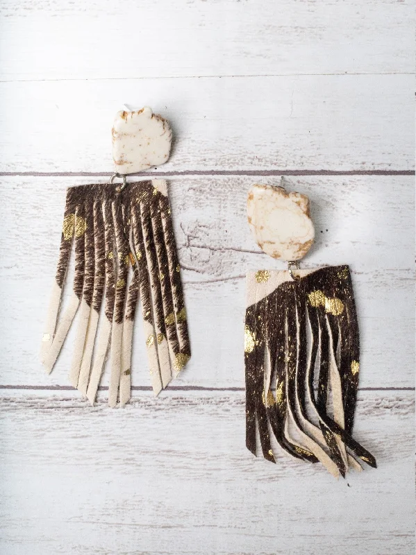 Drop Earrings for Fitness Activities -Let's Go Girls Cream Slab Stud With Brown Gold Foil Cowhide Fringe Earrings