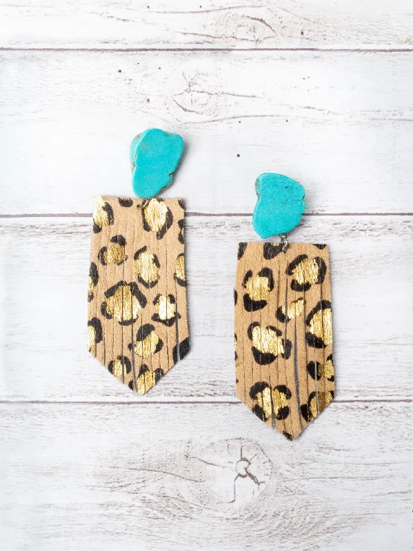 Drop Earrings for Gym Workout -LET'S GO GIRLS TURQUOISE SLAB STUD WITH GOLD FOIL LEOPARD FRINGE EARRINGS