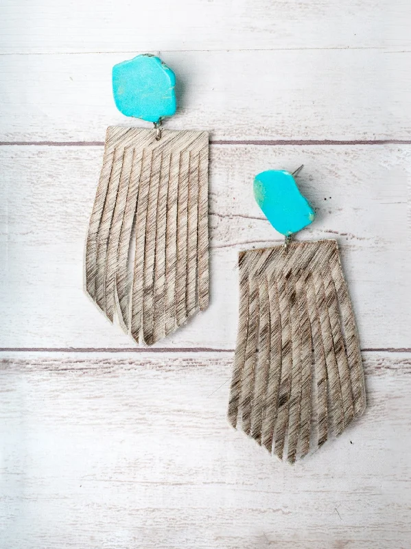 Drop Earrings for Yoga Session -LET'S GO GIRLS TURQUOISE SLAB STUD WITH WHITE COWHIDE FRINGE EARRINGS