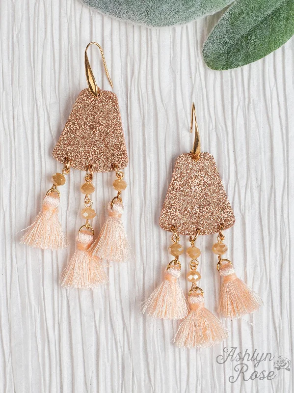 Drop Earrings with Chevron Designs -Let's Sparkle Together with Rose Gold Glitter and Tassels