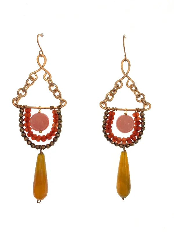 Drop Earrings with Hammered Finish -Long earrings with yellow agate