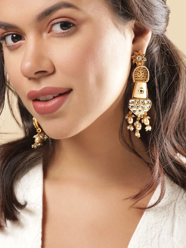 Crystal Drop Earrings for Sparkle -Rubans Lord Ganesh Chandelier Earrings with White Stones and Beads Hanging