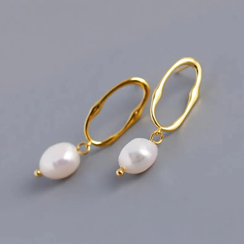 Gold Drop Earrings for Women -LOVCIA Elegant Baroque Water Pearl Earrings with Geometric Design