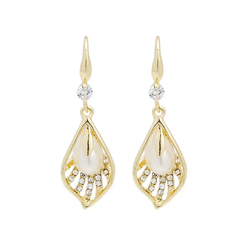 Contemporary Drop Earrings for Fashion -LOVCIA Elegant French Pearl Drop Leaf Earrings with Gold Electroplating