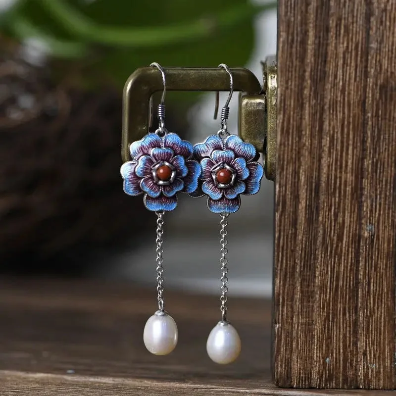 Drop Earrings for Engagement Party -LOVCIA Elegant S925 Silver Flower Earrings with Freshwater Pearls for Women